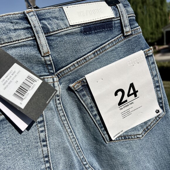 NWT Redone High Rise Stove Pipe Jeans Brisk Blue w Rips Straight Size 24 fits 25 - Picture 5 of 8
